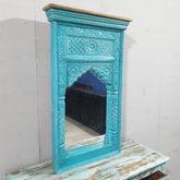 Hand Carved Antique Indian Solid Wood Wooden Mirror Frame Blue 56x11x98cm